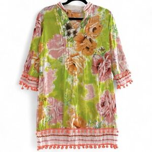 Pura Vida Bright‎ Green Floral Tropical Cover Up Pom Pom Dress 3/4 Sleeve Small